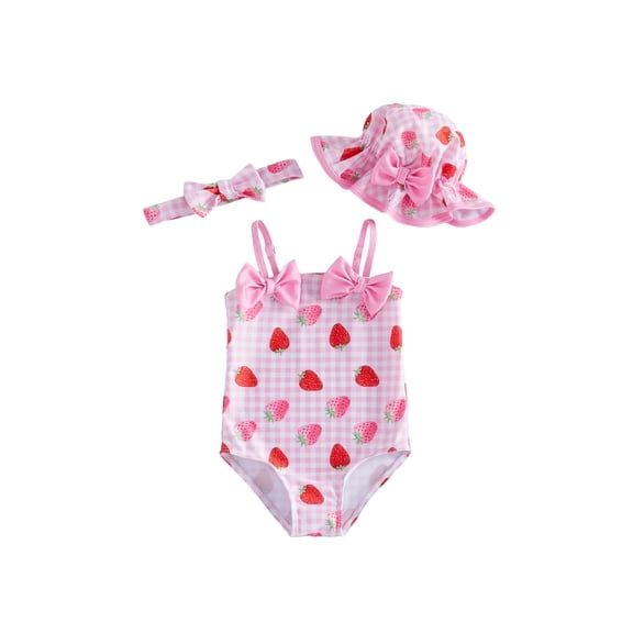 BemeyourBBs Toddler Baby Girl Strawberry Bow Cherry Swimsuit Infant Bathing Suit One-Piece Swimsuits Sun Hat Set Front Bow Rash Guard Spaghetti Strap Swimwear Summer Beach Wear Headband