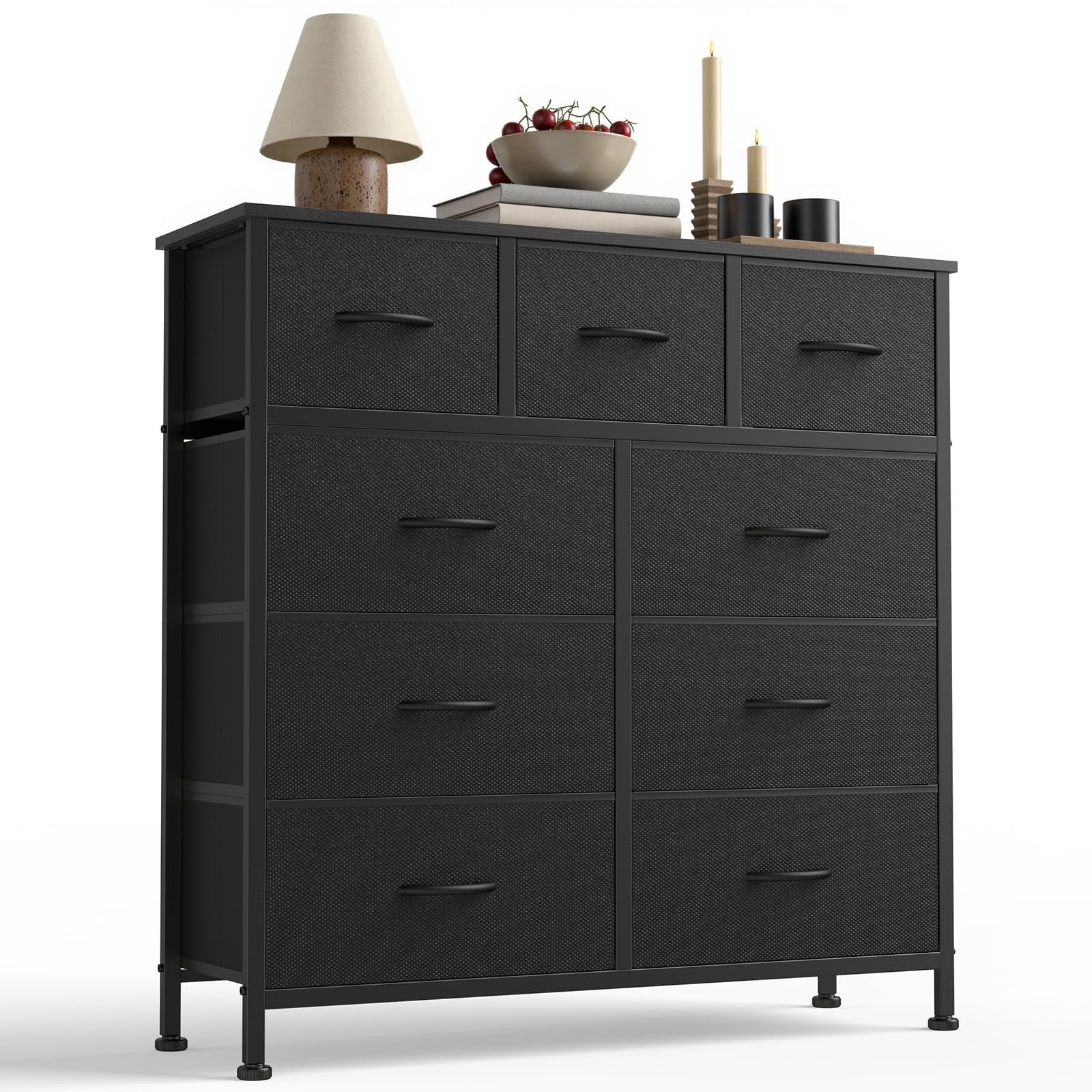 Telyra 9-Drawer Fabric Dresser Tall Storage Tower with Wood Top and Steel Frame Bedroom Closet Organizer, Black