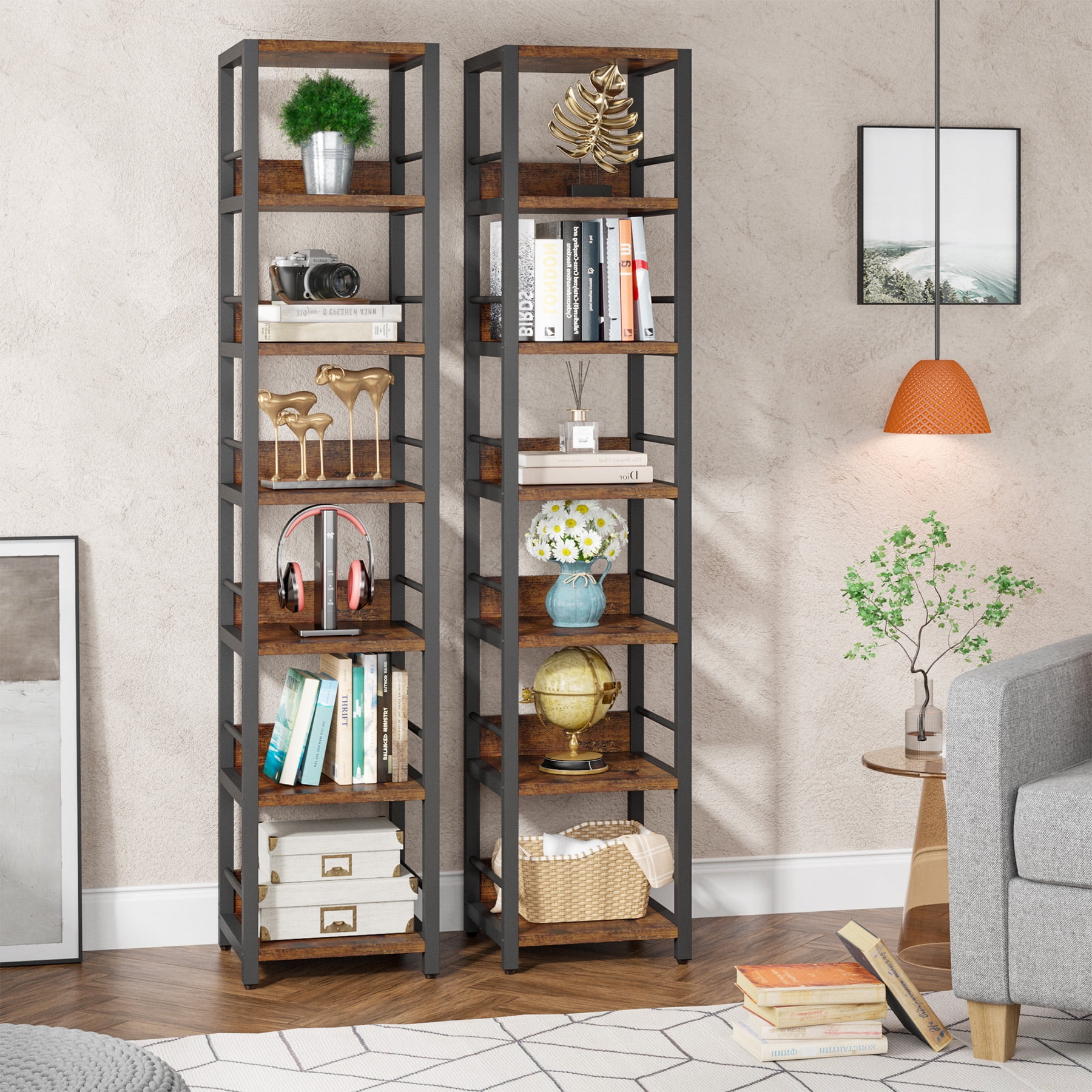 Tribesigns 75” Tall Bookshelf, 11-Shelves Staggered Bookcase with Unique  Arc-Shaped Design, Industrial Etagere Shelving Unit Storage Display Shelves