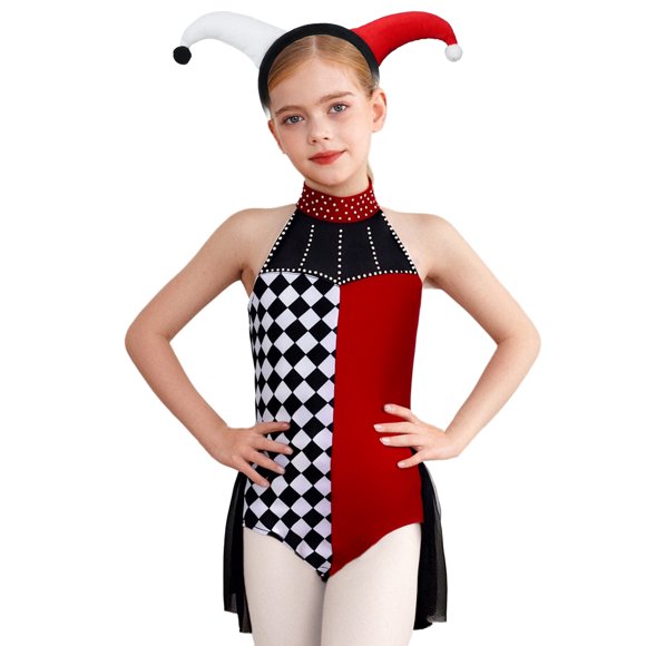 Moggemol Clown Outfits for Kids Sleeveless Scary Jester Dress Set with Headpiece Circus Clothes Set Burgundy 8
