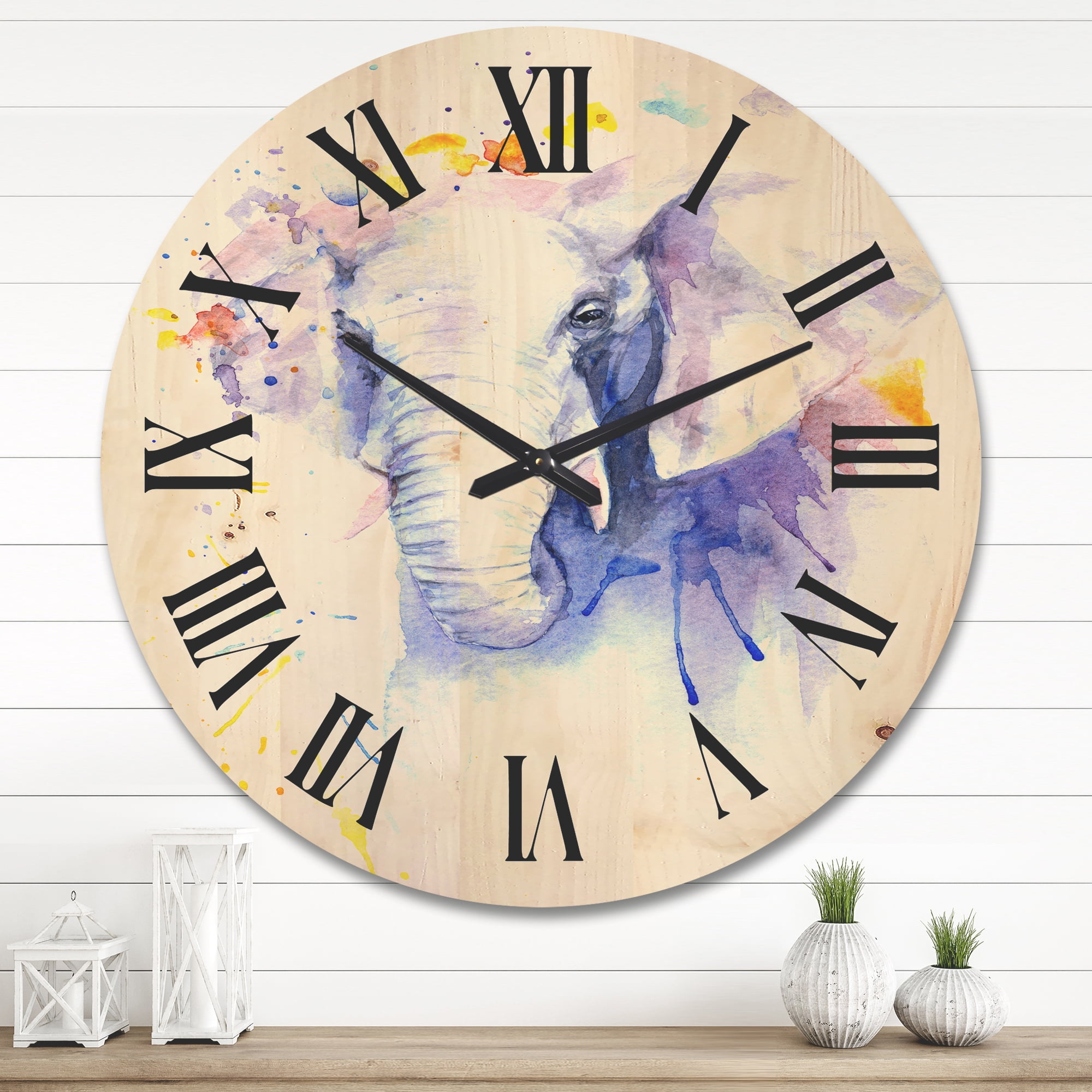 Designart 'Portrait of An Elephant Yellow and Blue Strokes' Farmhouse Wood Wall Clock