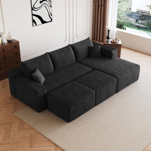 EHANCIS 95" L-Shaped Boneless Modular Sectional Sofa,Cloud Couch with Right Chaise & 2 Movable Ottomans,Deep Seat Corduroy Corner Sofa for Living Room,No Assembly