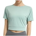 thumbnail image 1 of Besolor Hauts Courts d'Entraînement pour Femmes à Rayures, Col Ras du Cou, Manches Courtes, Chandails d'Été Décontractés, T-Shirts de Yoga et de Sport, 1 of 6