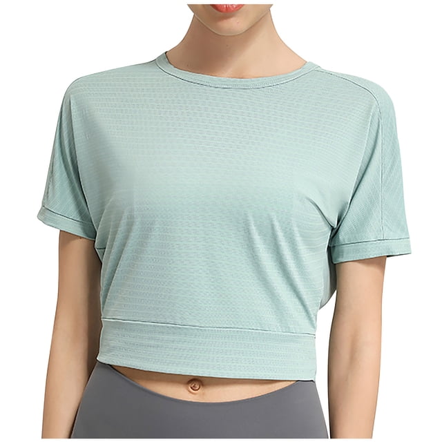 Besolor Hauts Courts d'Entraînement pour Femmes à Rayures, Col Ras du Cou, Manches Courtes, Chandails d'Été Décontractés, T-Shirts de Yoga et de Sport