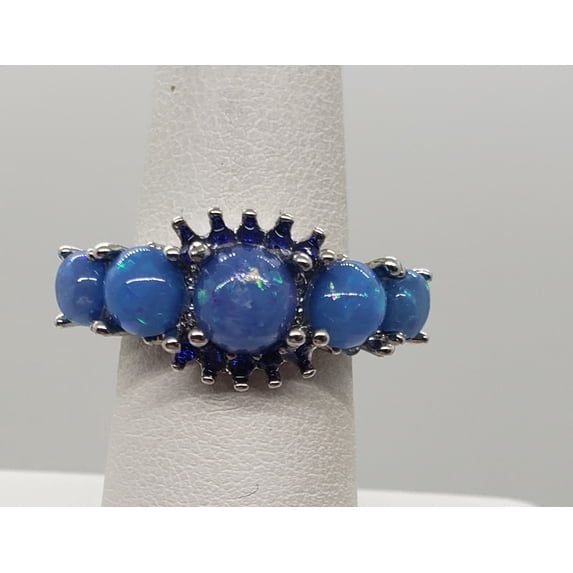 Size 6, Round Blue Fire Opal Topaz Silver Ring