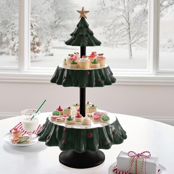 Christmas Tree Dessert Stand, Double Tier Cake Plate, Holiday Party Candy Display Tray, Festive Snack Serving Platter for Home Decoration, 1PCS