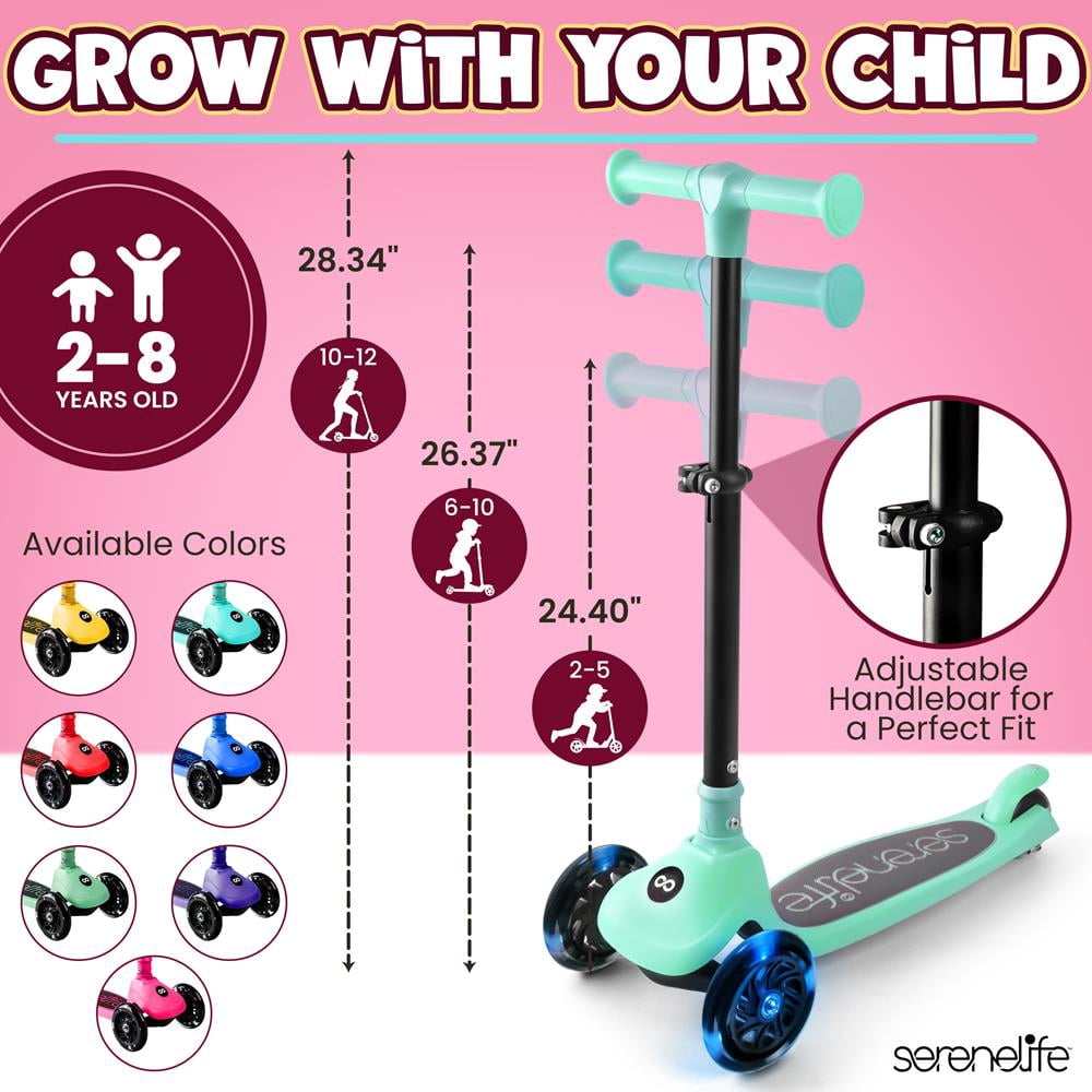 3-Wheel Foldable Kids Scooter - Child Toy Scooter with Built-in LED Wheel Lights, and Easy Maneuvering Lean-to-Steer Technology (Mint Green)