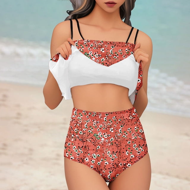 Traje de baño de 2 piezas para mujer, trajes de baño para mujer, bikinis sin mangas con estampado de vendaje, cintura alta y copas de pecho, de moda conservadora para mujer.