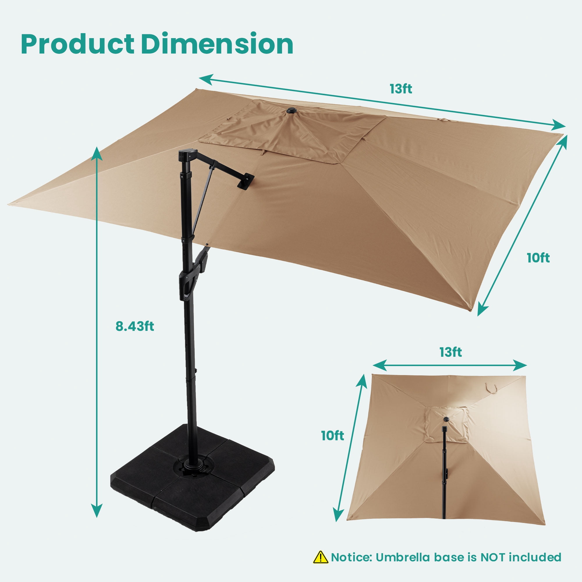 FOROUTIA 10x13ft Khaki Cantilever Patio Umbrella, 360° Rotation Offset Umbrella with 4-Level Tilt, Double Top UV50+ Waterproof Outdoor Umbrella for Pool, Backyard, Garden, Deck