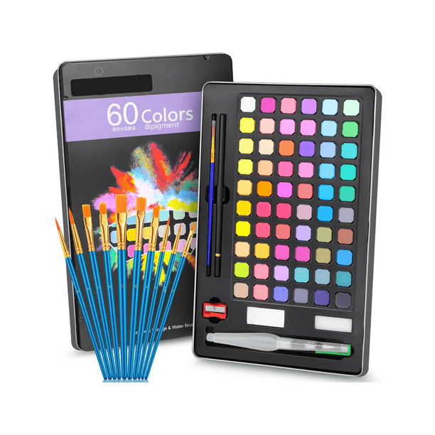 Acuarelas Sólidas 60 Colores Con Estuche Metálico Y Accesorios Malubero Multicolor