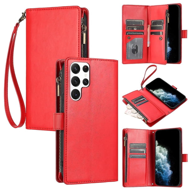 Funda tipo cartera de PU para Samsung S22 Ultra con cordón, ranura para múltiples tarjetas, protección total, estilo retro, PU+TPU