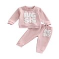 thumbnail image 1 of Sisters Matching 2Pcs Outfits  Letter Pattern Patchwork Long Sleeve  Neck Tops + Elastic Waist Loose Fit Trousers, 1 of 7