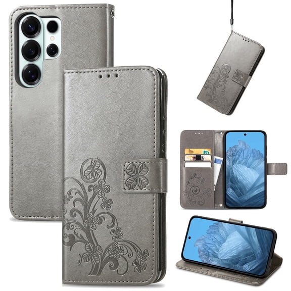 for Samsung Galaxy S26 Ultra Wallet Case, [Flower Embossed] Premium PU Leather Flip Protective Case Cover with Card Holder and Stand with Wrist Strap for Samsung Galaxy S26 Ultra, Gray