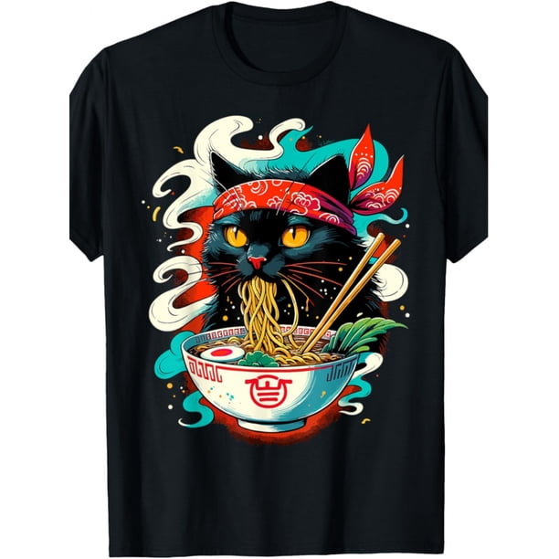 Cat Ramen Japanese Animation Cute Cat T-Shirt, Men's Fashion Trend Cotton Crew Neck Casual Letter Printed T-Shirt, Soft Touch T-Shirt