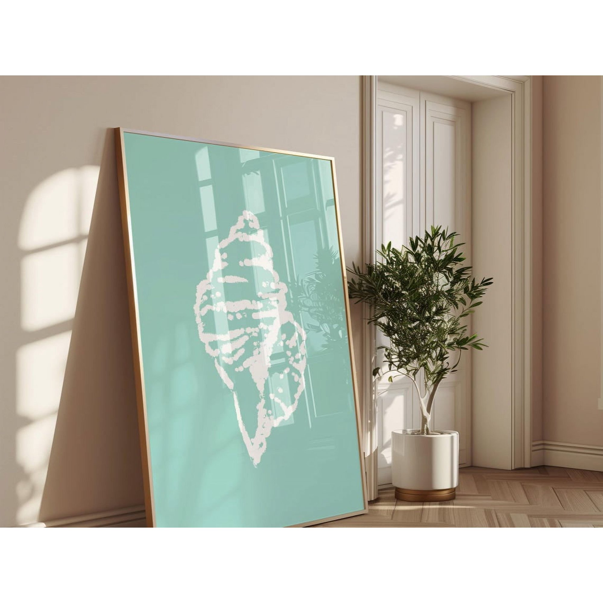 Beachy Seashell Minimalist Wall Art Print - Soft Aqua Blue Background Coastal Decor Nautical Ocean Shell Illustration Relaxing Beach Vibes Wall Art Modern Wall Decor 8x12 UNFRAMED