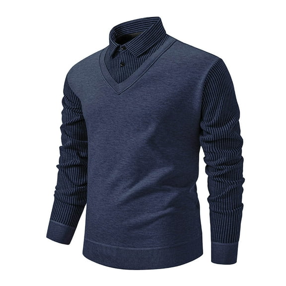 Annhoo Men's Knit Shirts Plus Size Patchwork Collared Long Sleeve Vintage 2 In 1 Tops Fall Casual Dressy Work Pullover