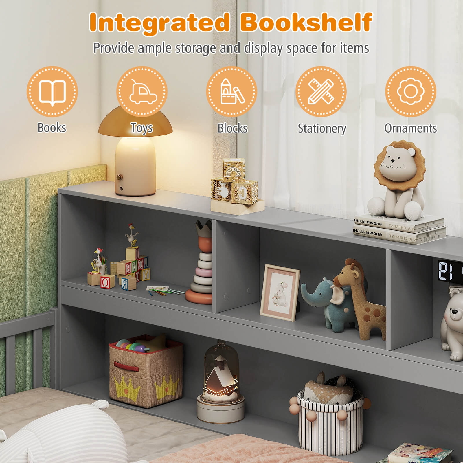 Costway Twin Size Montessori Floor Bed with Bookcase Storage Shelves & Safety Fence Rails Gray