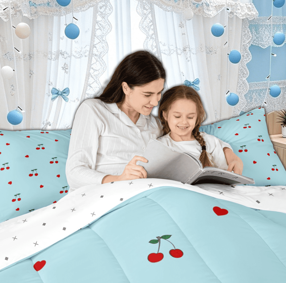 Manfei Kawaii Cute Cherry Full Size Comforter Sets for Kids Girls, Romantic Cartoon Love Heart Bedding Comforter Set, Reversibles, 3 Pieces