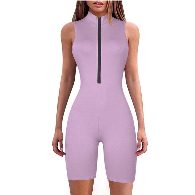 cfhntfmh Sleeveless Jumpsuits for Women Slim Stand Collared Athletic Rompers Fashion Zipped Workout Running Short Outfits