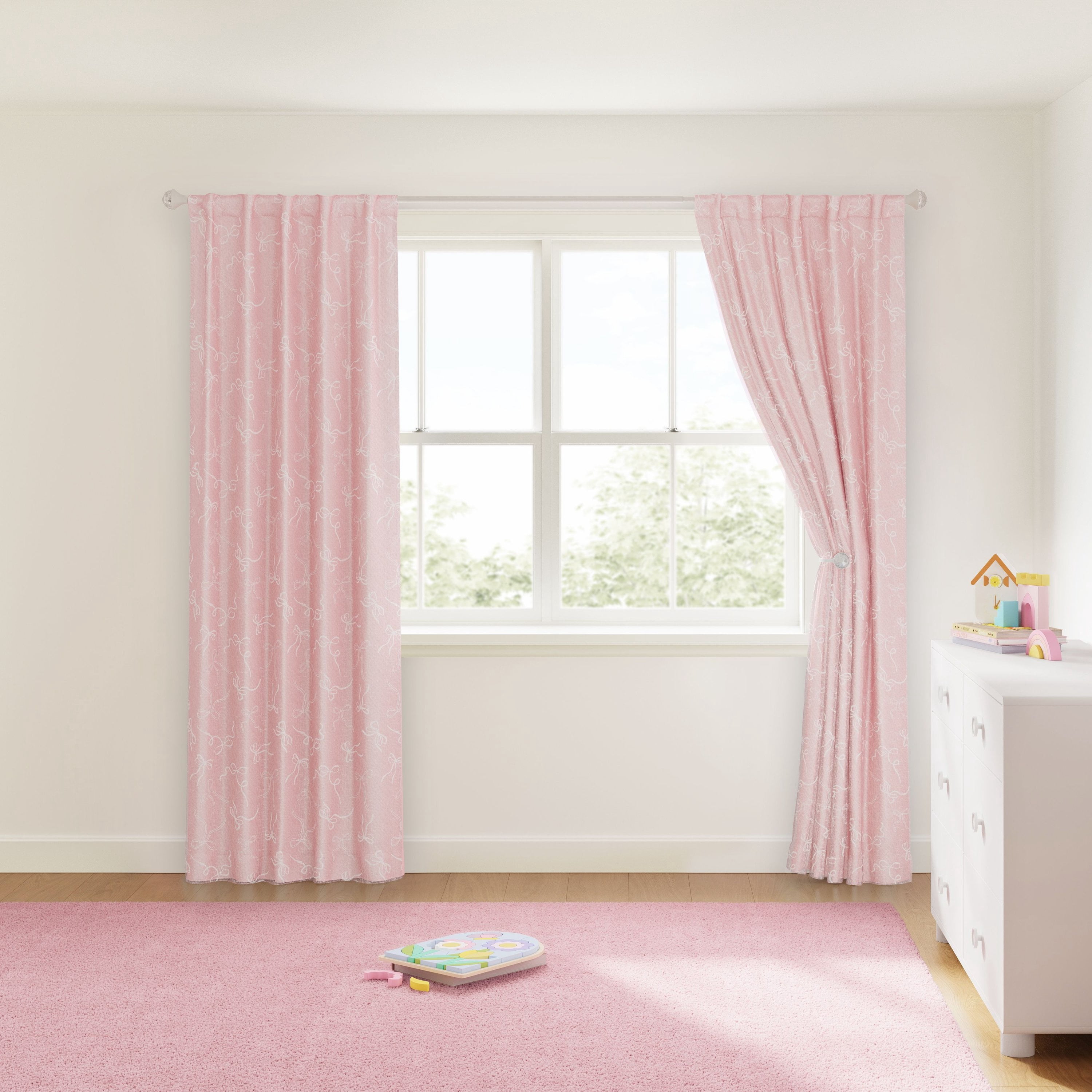 Mainstays Kids Pink Ribbons Sheer Overlay Blackout Single Curtain Panel, Rod Pocket with Back Tabs, 38 in x 84 in