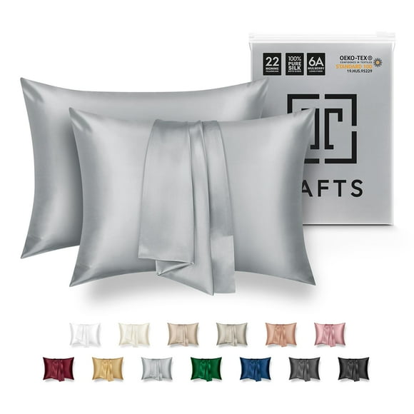 Tafts Taies d'Oreiller en Soie - 22Mm Pur Mûrier 6A Taie d'Oreiller en Soie pour Cheveux et Peau avec Fermeture Éclair Rafraîchissante Naturelle Organique Double Face (Argent Gris King 20X36 2 Pcs)