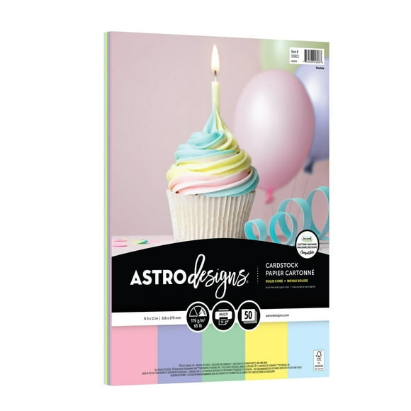 Papier cartonné coloré Astrodesigns 8.5"x11",65 lb./176 gsm, assortiment pastel,50 f