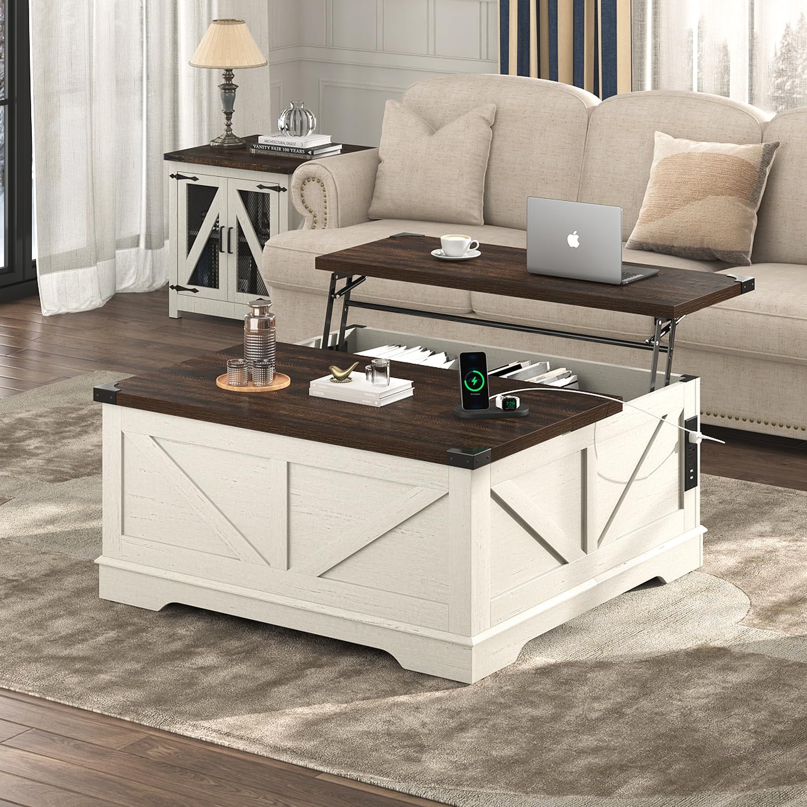 ChVans 40" Large Farmhouse Lift Top Coffee Table with Power Outlets, Square Wood Living Room Table with Large Hidden Storage, Multi-Function Lift Wooden Barn Door Center Table, Rustic White