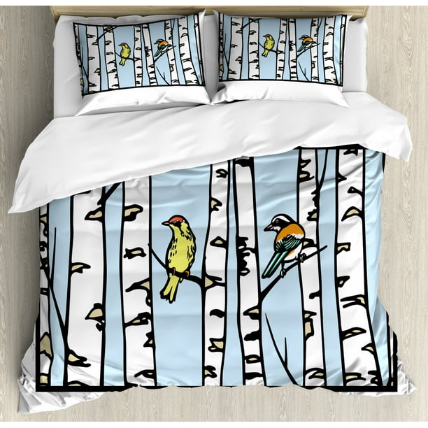 Doodle Duvet Cover Set Birds Sitting On A Birch Trees Winter Forest Rectangle Frame Decorative Bedding Set With Pillow Shams Baby Blue White And Charcoal Grey By Ambesonne Walmart Com Walmart Com