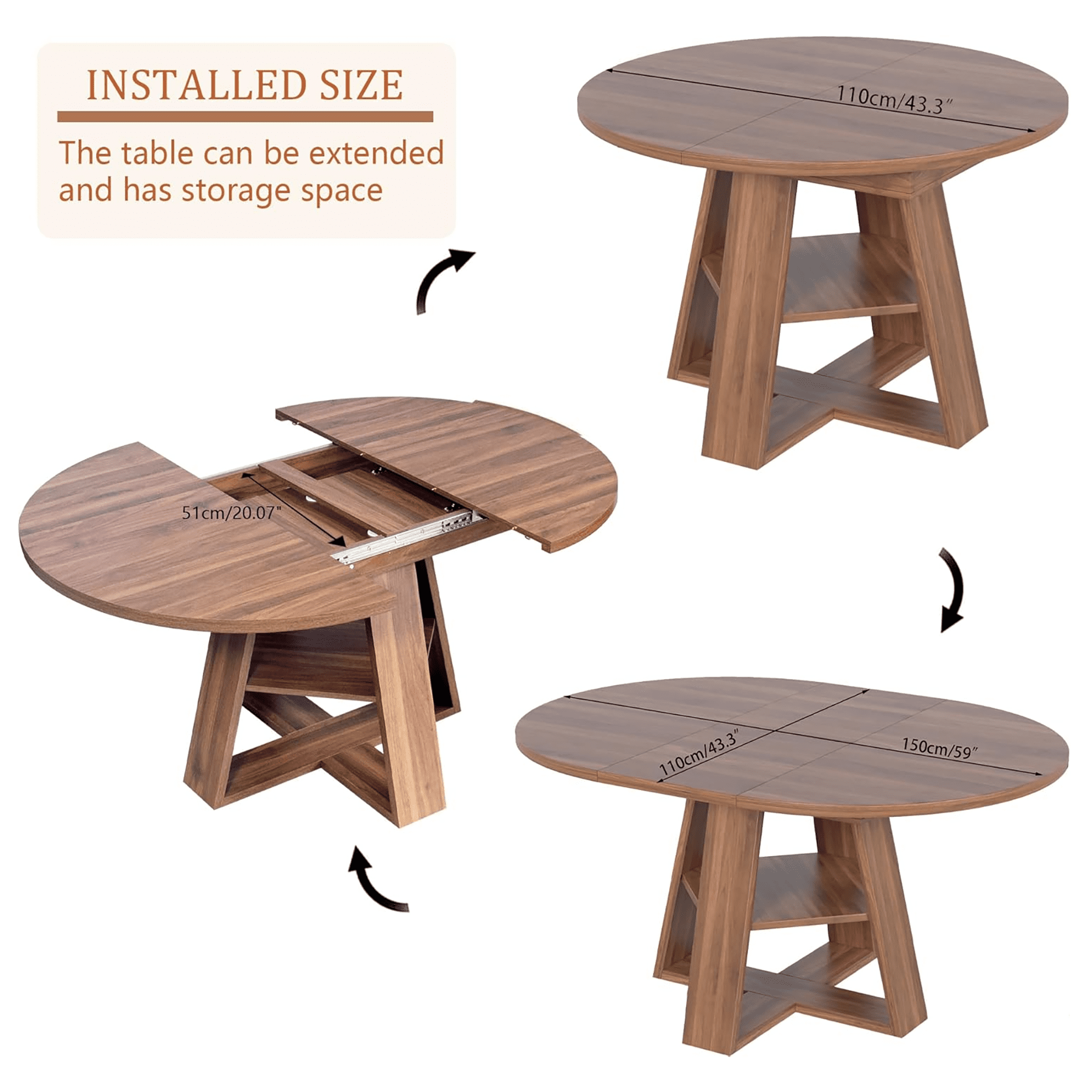 43.3''-59'' Extendable Round Dining Table for 4-8, Mid Century Modern Wooden Round Table with Removable Leaves Space Saving, for Kitchen Living Room