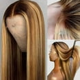 thumbnail image 6 of 4/27 Highlight Ombre Lace Front Wig Human Hair, Straight 13x4 HD Transparent Lace Frontal Wigs Colored, Honey Blonde Glueless Lace Front Wigs Pre Plucked with Baby Hair 180 Density 26 Inch, 6 of 6