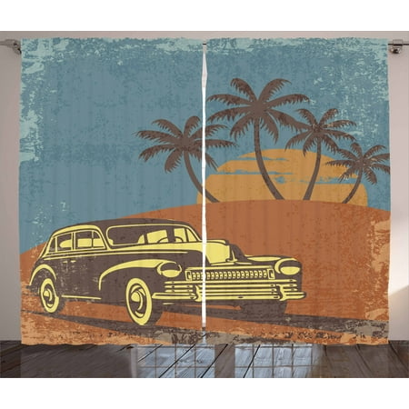 Pale Yellow Curtains And Drapes Cars Curtains 2 Panels Set, Vintage Car on the Beach with Palm Trees at Sunset Grunge Display, Window Drapes for Living Room Bedroom, 108W X 96L Inches, Blue Dark Orange Pale Yellow, by Ambesonne ()