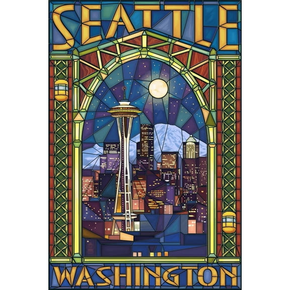 Art.com Stained Glass Window - Seattle, WA Art Print by Lantern Press, 12" x 18"
