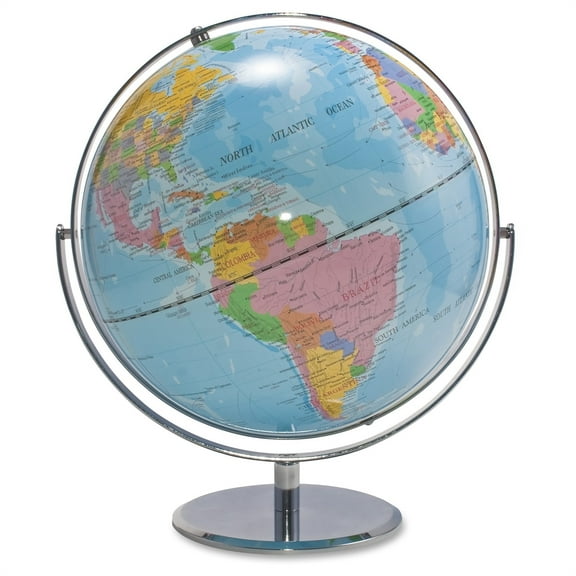Advantus 12" World Globe w/ Blue Oceans, Raised Relief, Silver, Semi-Meridian
