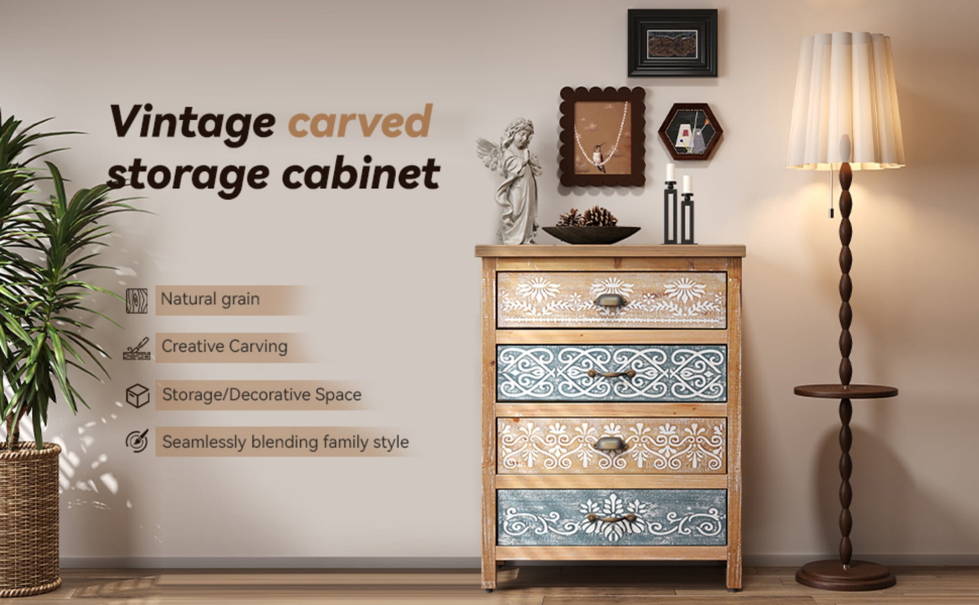 AENKYO Vintage 4-Drawer Storage Chest, Distressed Wood Accent Cabinet with Boho Floral Design, Blue & Beige