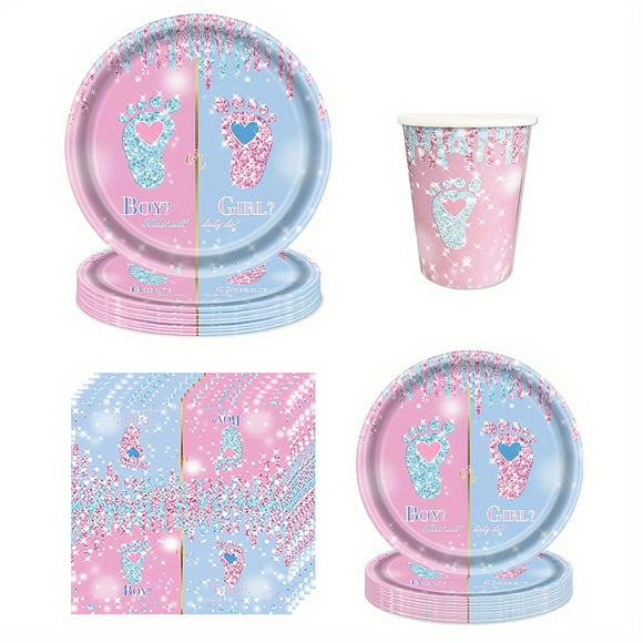 HLONK 68pcs Gender Reveal Party Supplies Boy or Girl Disposable Paper Plates Napkins Cups for Boy or Girl Party Table Decorations Gender Reveal Party Tableware Set