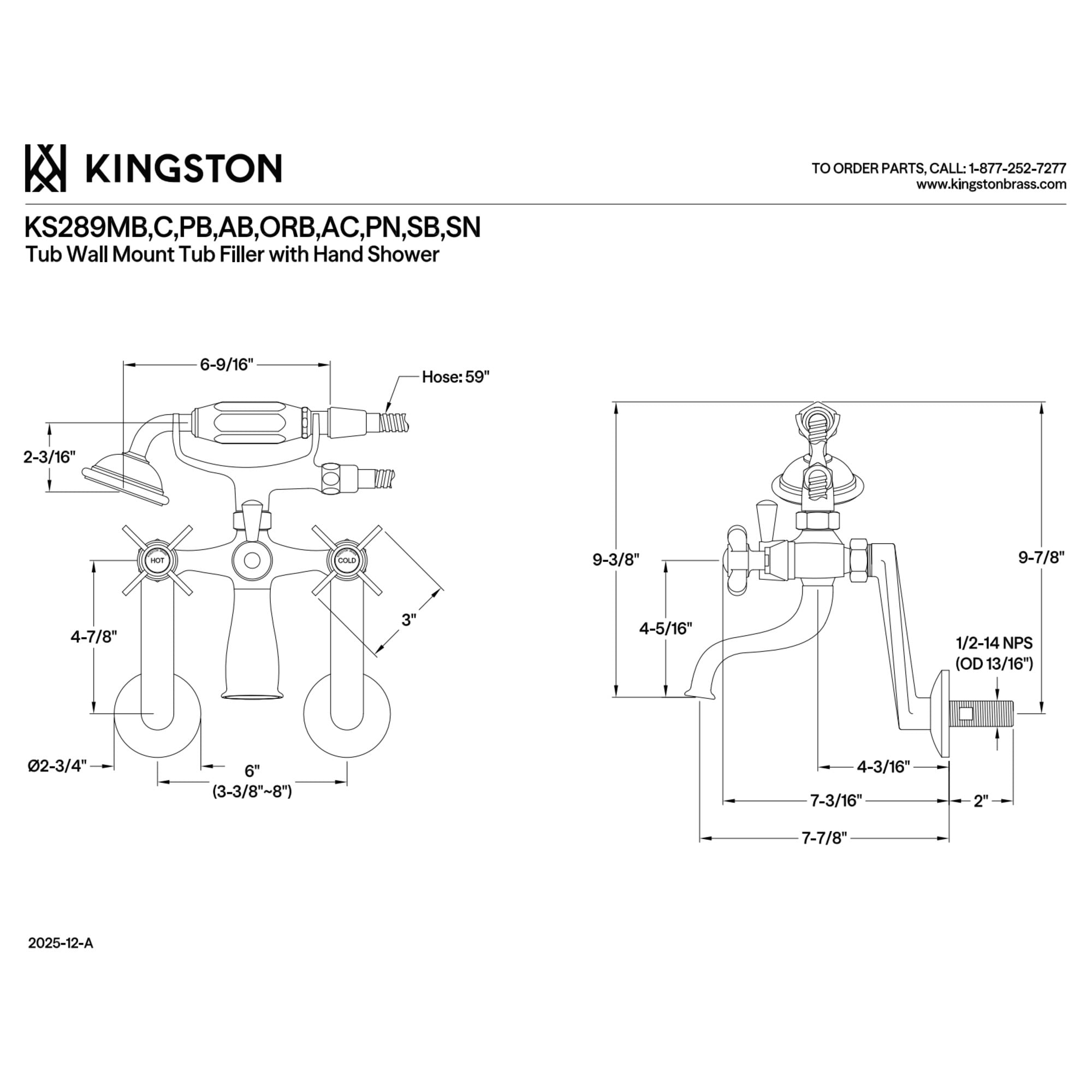 Kingston Brass KS289AC Kingston Tub Wall Mount Clawfoot Tub Faucet with Hand Shower, Antique Copper