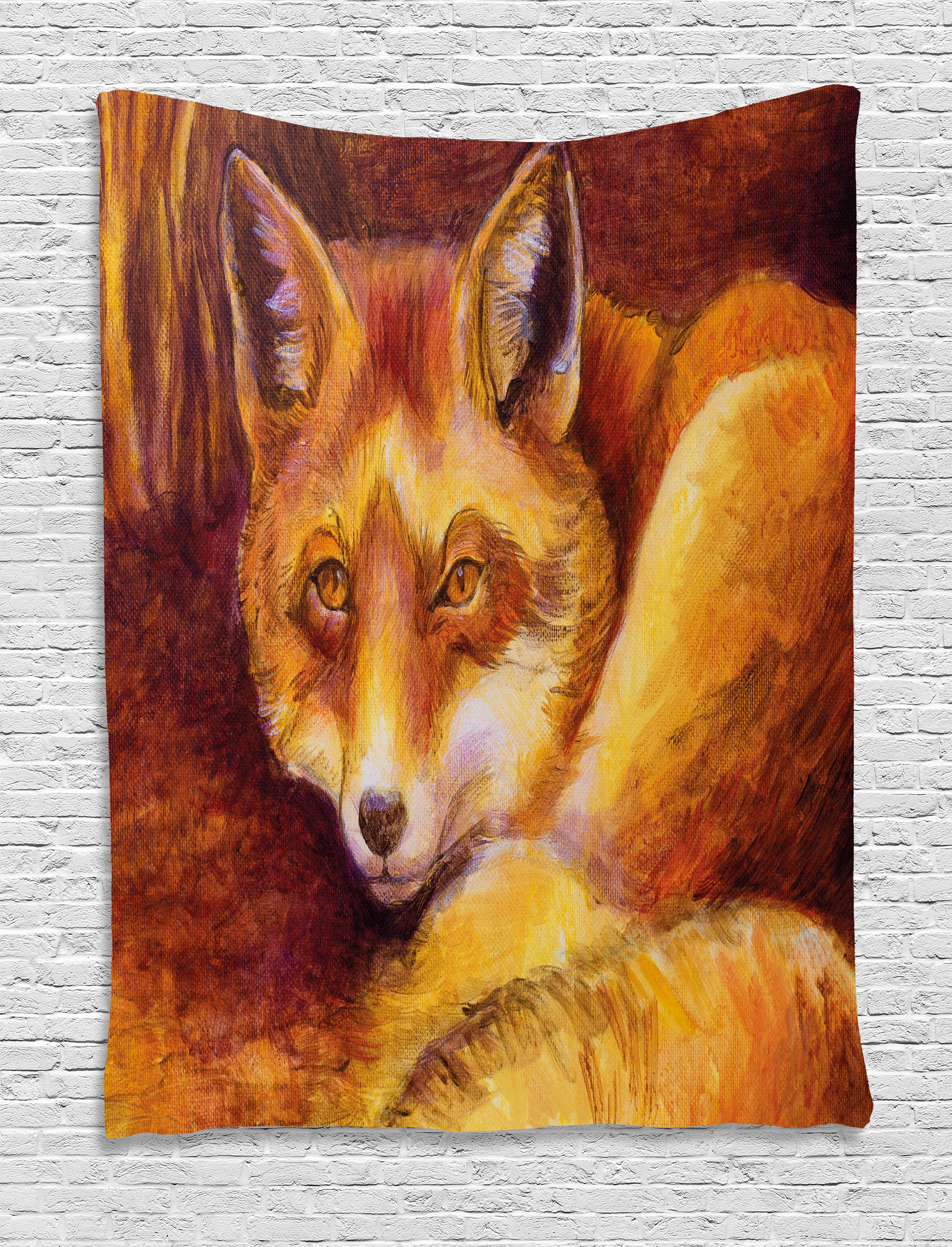 Fox Tapestry, Monochromatic Fox Resting Painting Style Display Vibrant