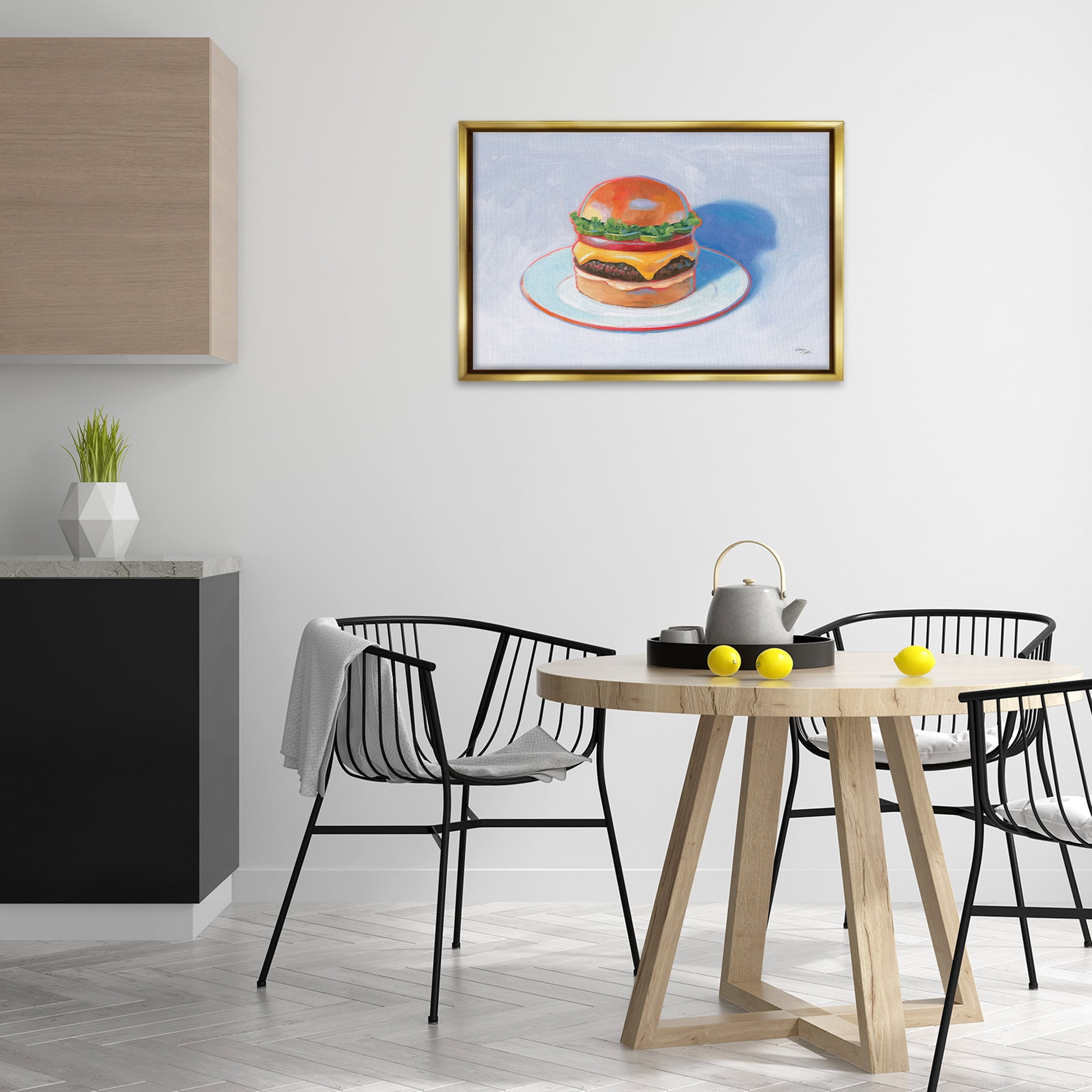 Stupell Industries Burger on Plate Food & Beverage Painting Gold Floater Framed Canvas Art Print Wall Art, 31 x 21