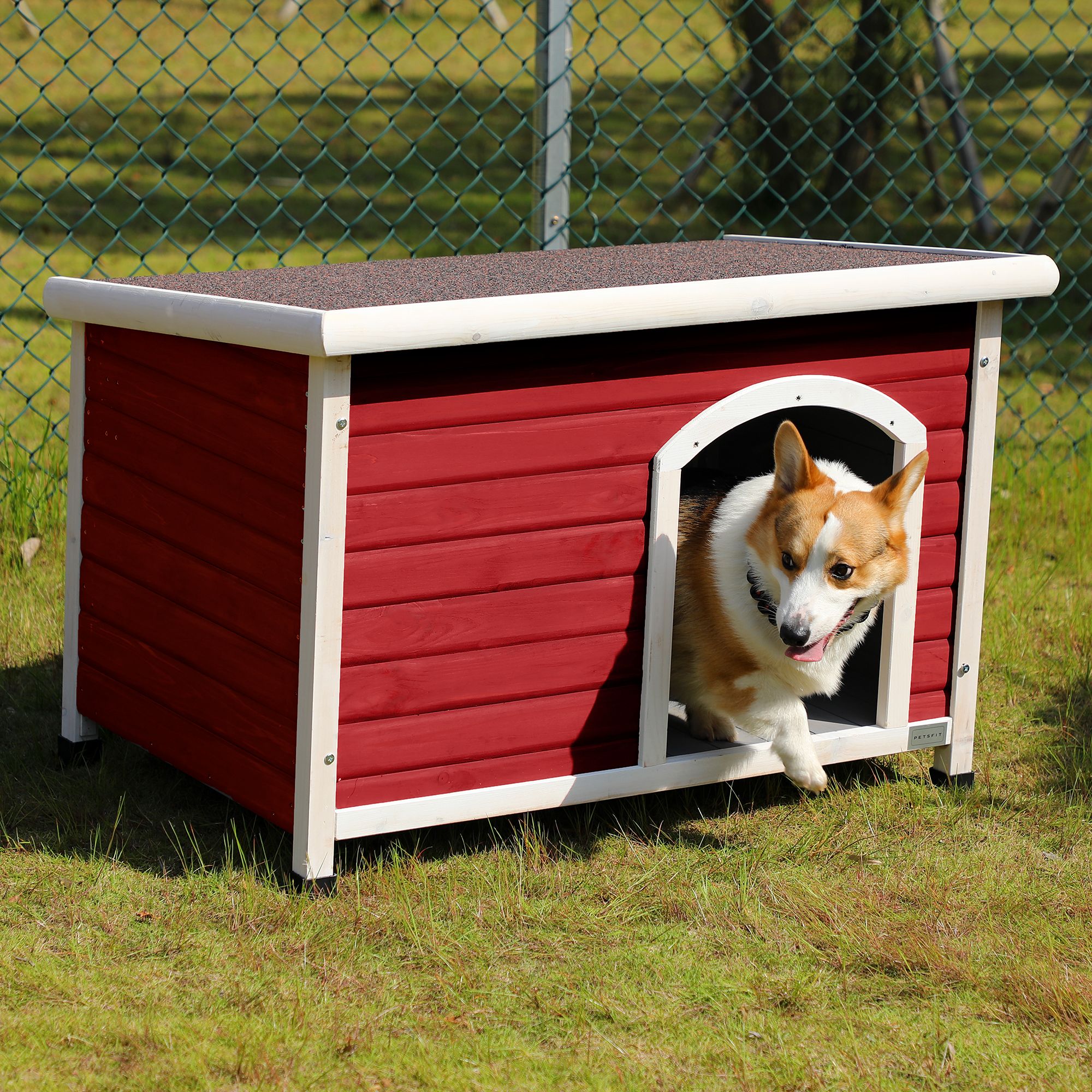 Pefilos 41.5" Width Wooden Dog Houses for Small Medium Large Dogs Outdoor Weatherproof Dog Kennel with Raised Feet, Red