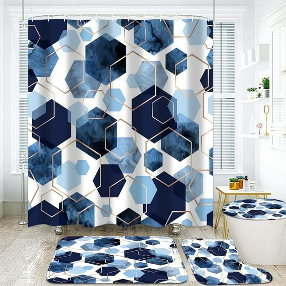 4Pcs Sky Blue Geometric Shower Curtain Set with Navy Blue Abstract Art, 12 Hooks, Bath Mat and Rugs