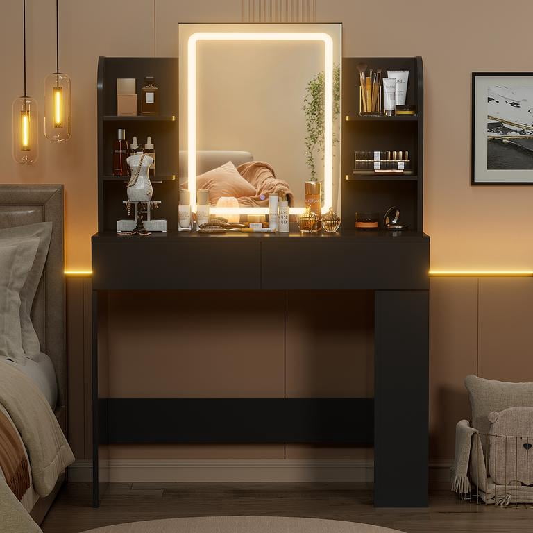 Lacoo Vanity Set with Mirror, Makeup Vanity with LED Light, Storage Drawers & Shelves, Vanity Desk for Bedroom Dressing Room, Black