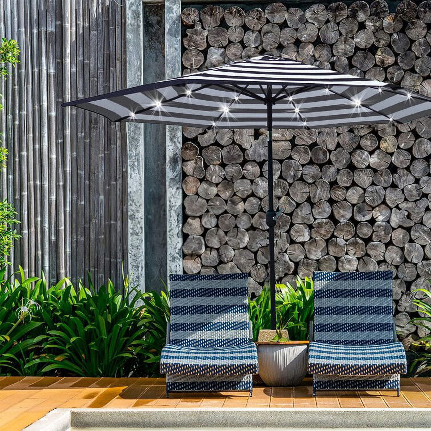 Bibana 9ft Solar 24 LED Lighted Patio Umbrella with 8 Ribs, Adjustment and Crank Lift System (Black & White)