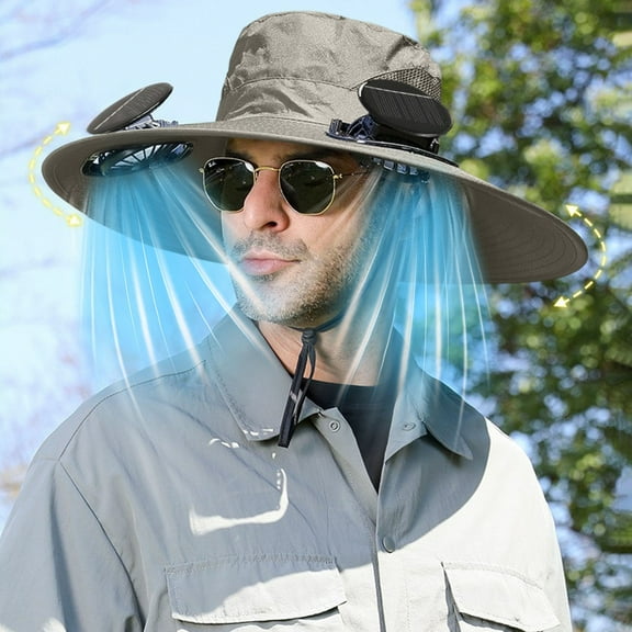 Aodebiao Wide Brim Solar Fan Outdoor Fishing Hat, 2 Solar Fan Hats for Men, USB & Solar Powered Fan Hat, Sombrero para el Sol Hombre, Sombrero con Ventilador Solar, Fan Hat Solar Powered UPF 50 