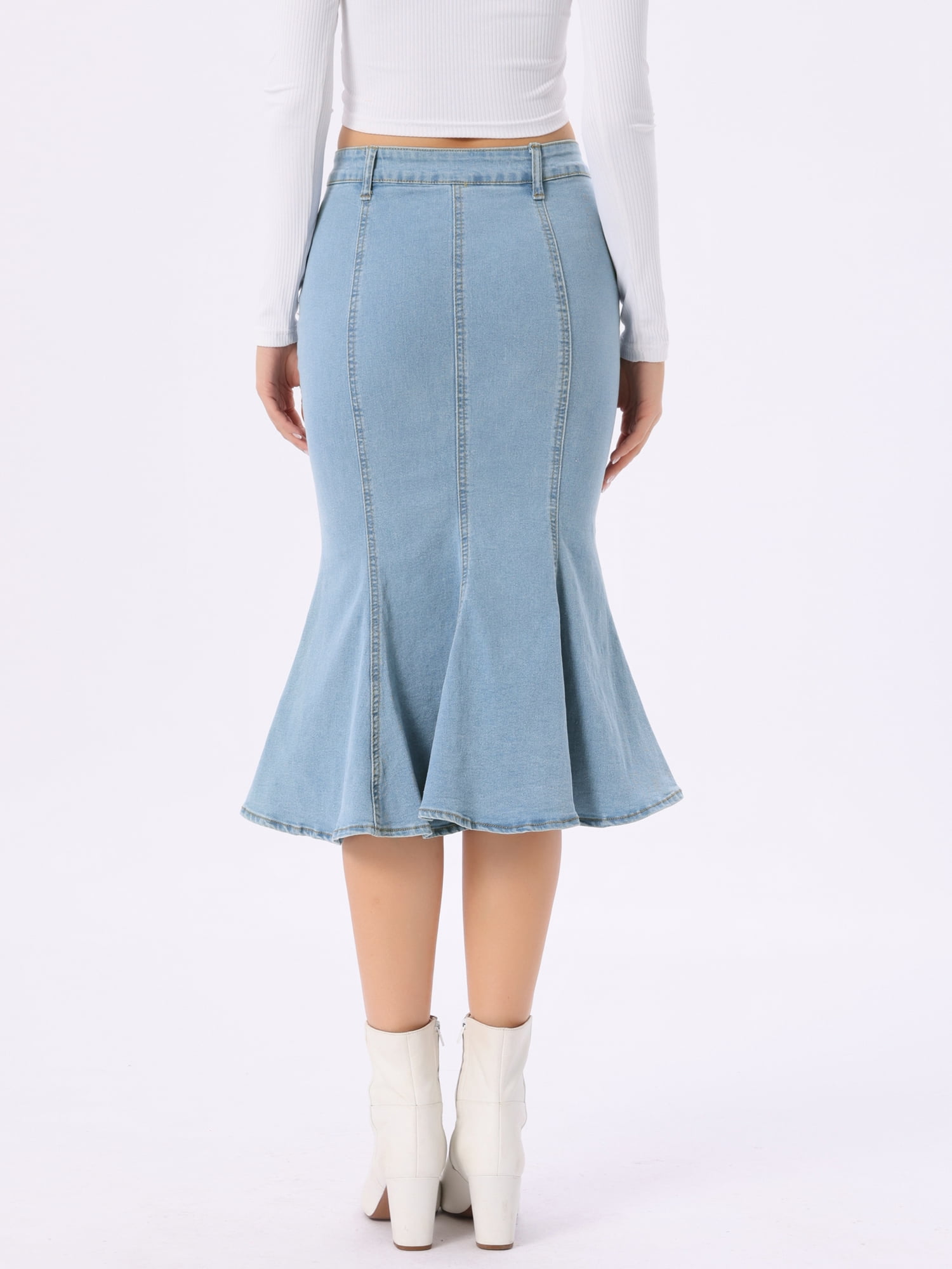 DARING DIVA Women's Soft Elegant Washed Fishtail Casual Midi Denim Skirt M Light Blue