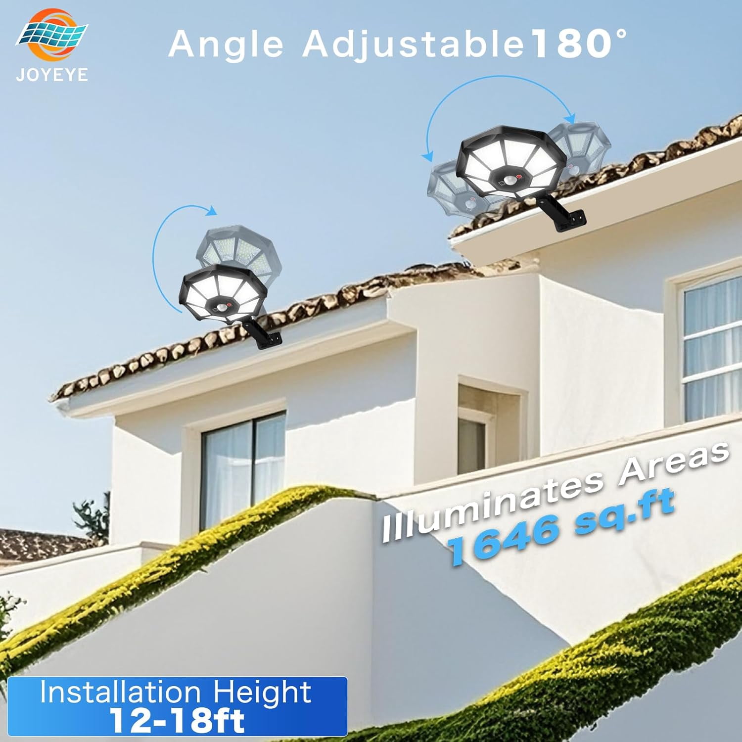 Solar Lights Outdoor - 168LED 6500K Daylight, 8-Sided Solar Flood Light with Motion Sensor and Remote Control, IP66 All-Weather, 3 Mode Dusk-to-Dawn for Pathway, Garden, Yard