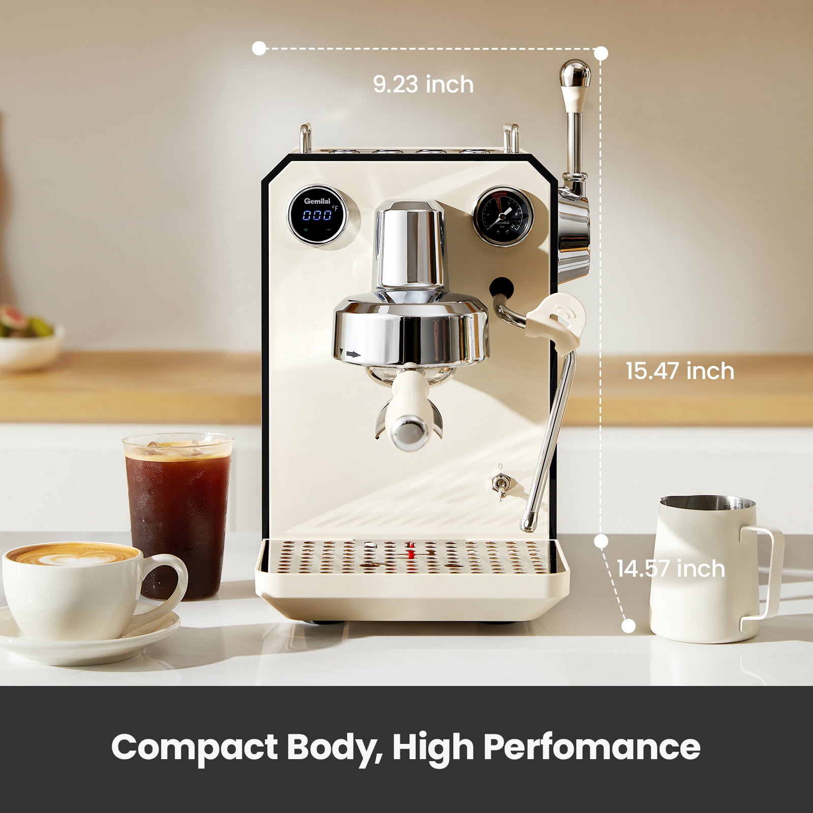 Gemilai G3006 Owl 15-Bar Semi-Auto Espresso Machine, Dual Display, Milk Frother, 57oz Tank, Stainless Steel Coffee Maker
