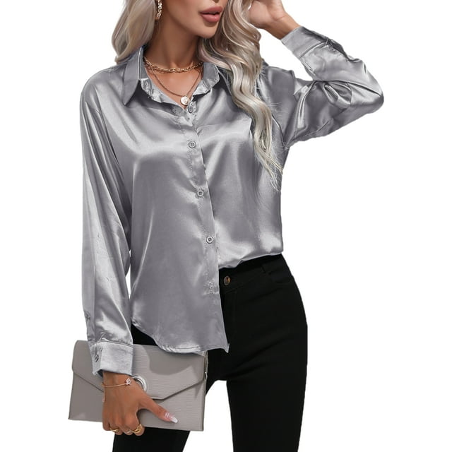 Innerwin Shirts Long Sleeve Ladies Tunic Tops Office Button Down Soft Blouse Silver Gray XL