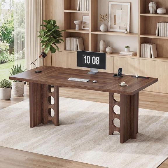 63 Inch Executive Desk with Power Outlet, Modern Computer Office Desks, Large Laptop Desk Writing Table Workstation Business Furniture for Home Office, Brown