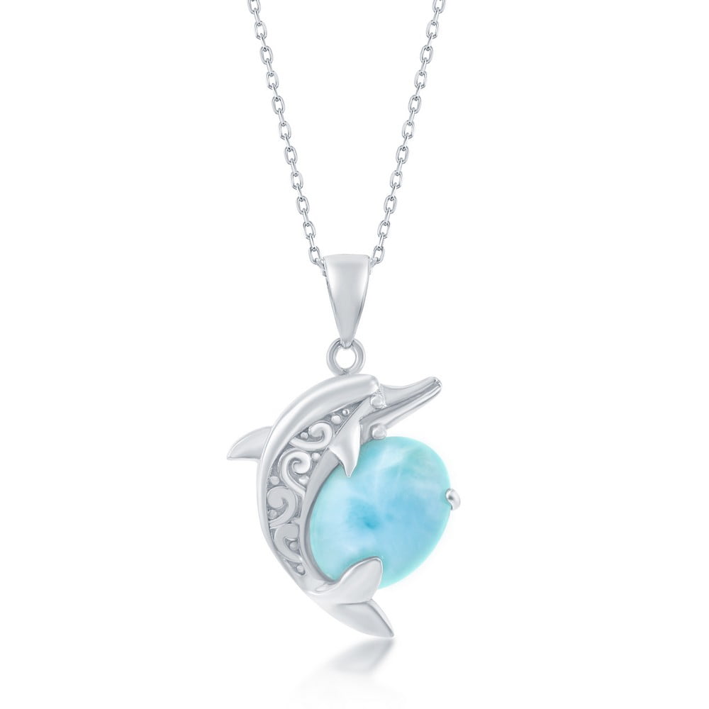 Sterling Silver 925 Natural Larimar Starfish Cubic Zirconia Pendant with 18 Box Chain