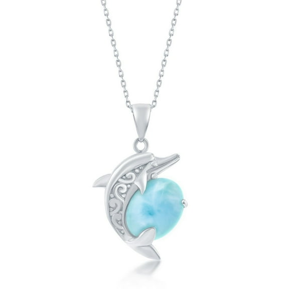 925 Sterling Silver Hawaii Natural Larimar Gemstone High Polished Nautical Dolphin Designed 18’’ Pendant Necklace